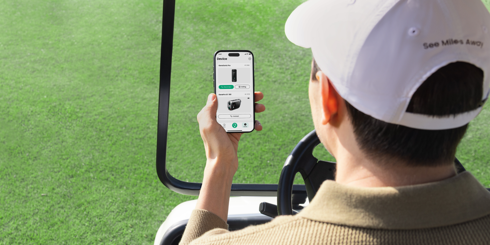 A golfer managing the MILESEEY GeneSonic Go through the supporting mobile app on a golf cart.