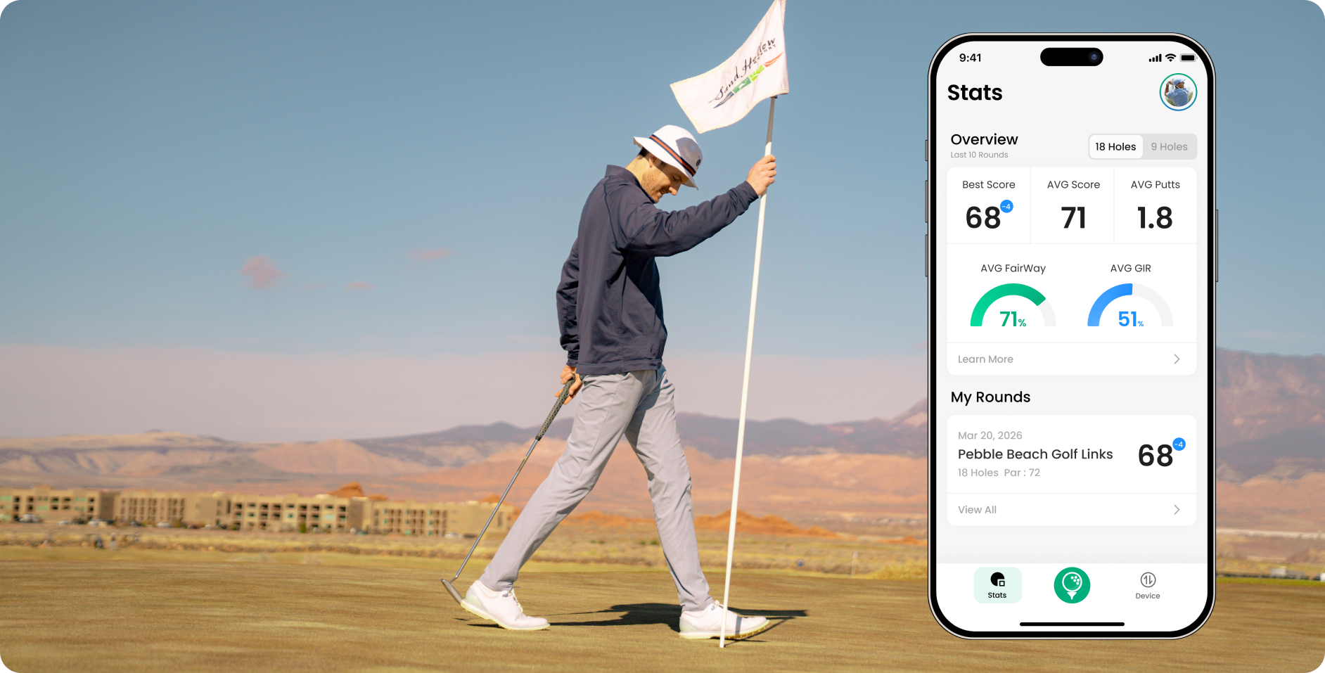 The MILESEEY GOLF APP displaying golfer’s gameplay stats beside a player adjusting golf hole flag