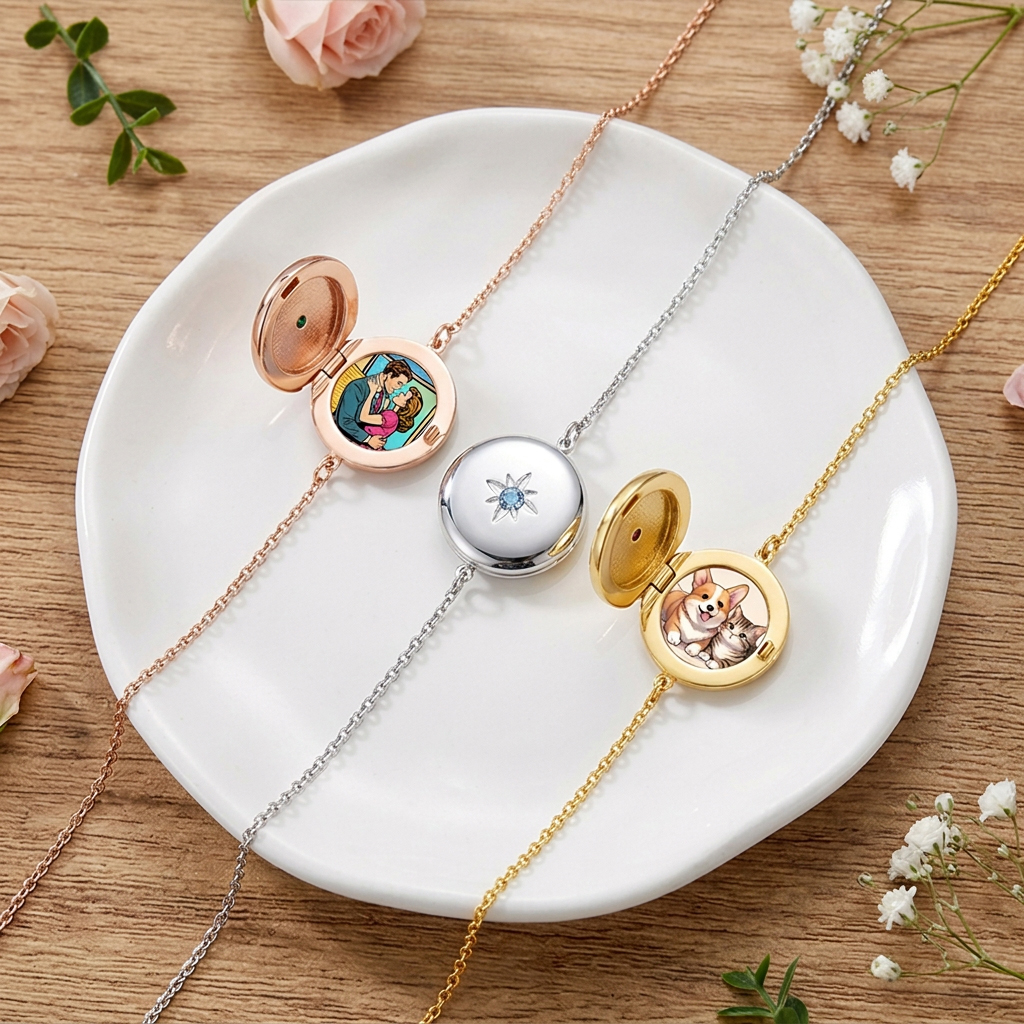 Personalized Photo Heart Round Bracelet with Birthstone