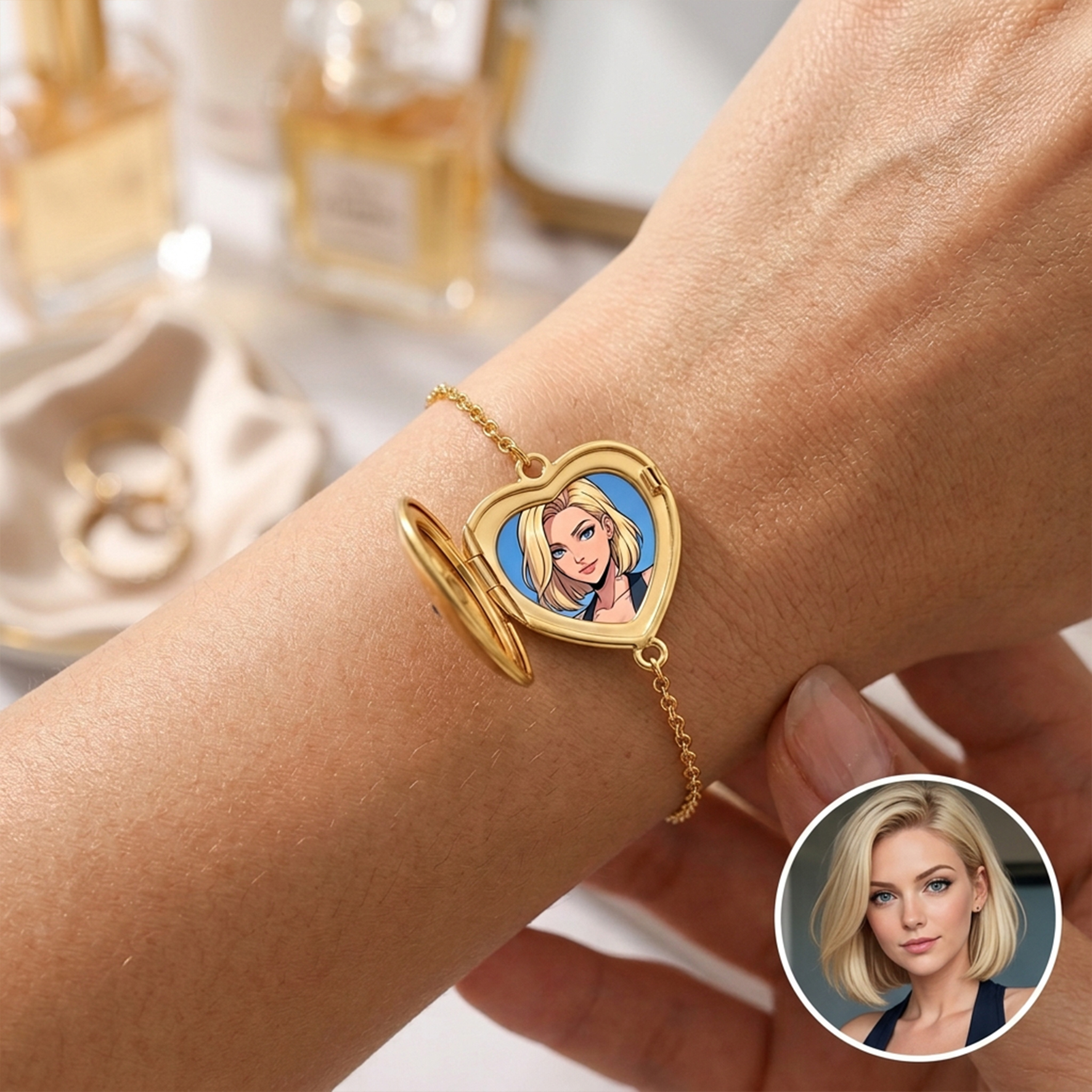 Personalized Photo Heart Round Bracelet with Birthstone