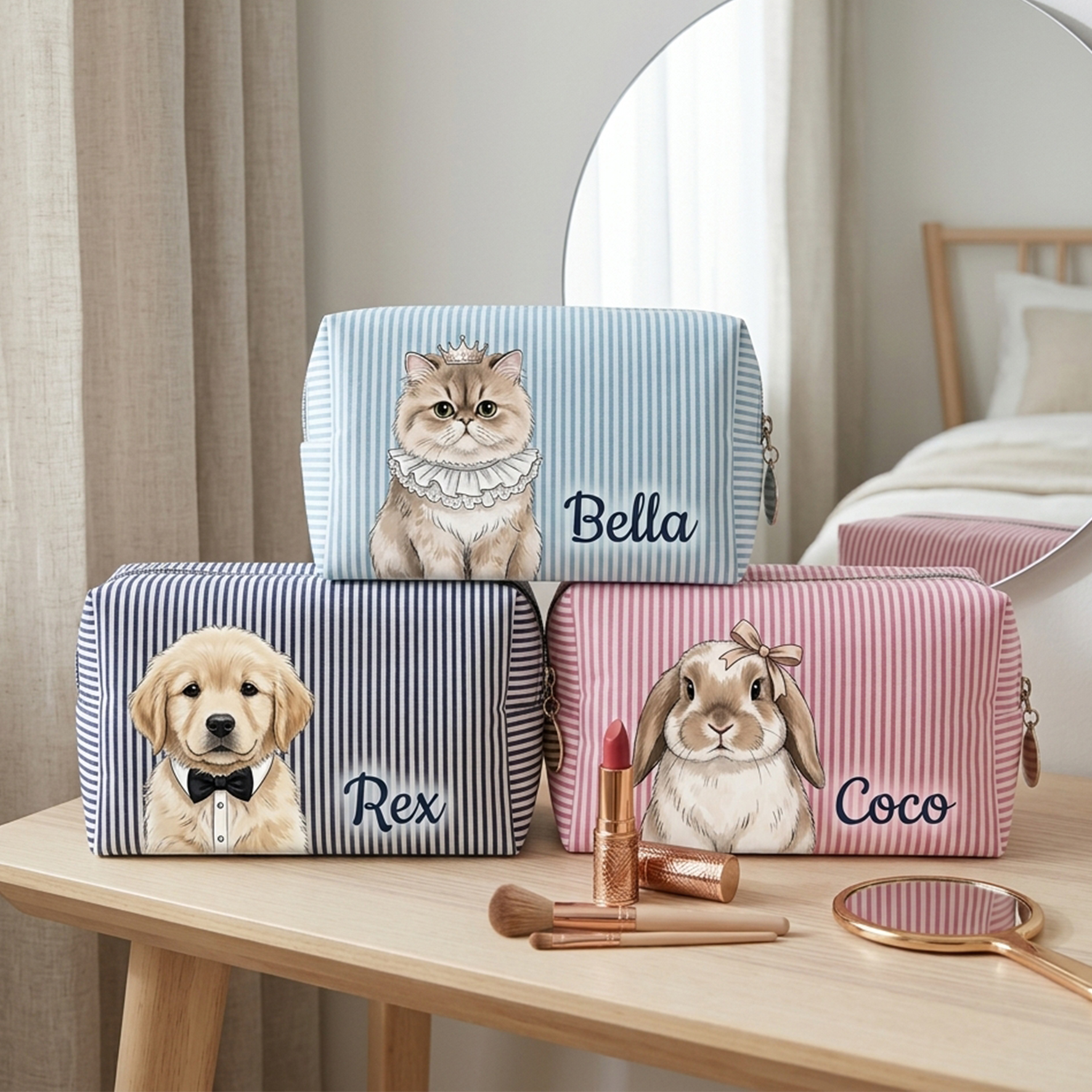 Personalized Striped Makeup Bag with Pet/Women