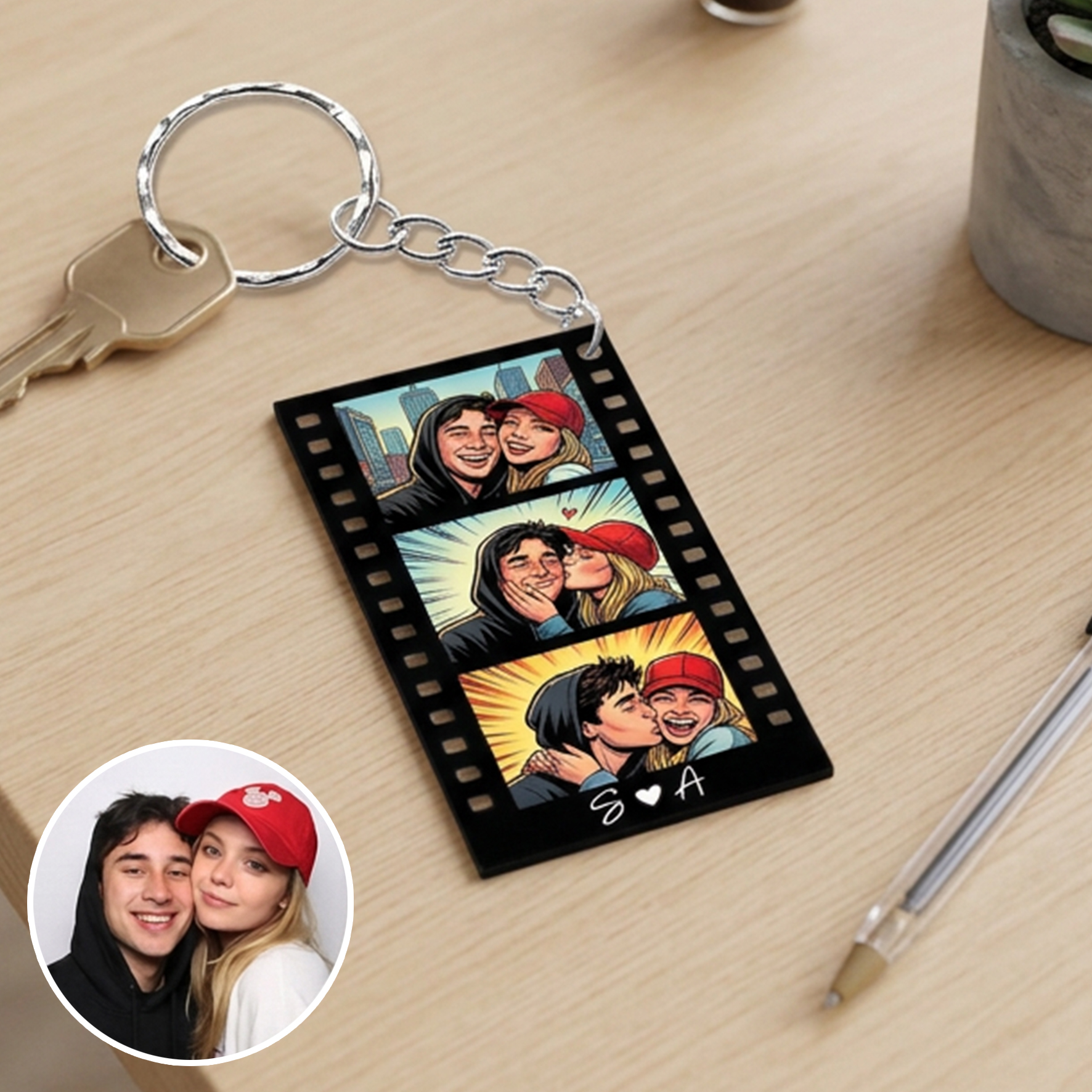 Personalized Photo Strip Keychain with Family Couple Pet