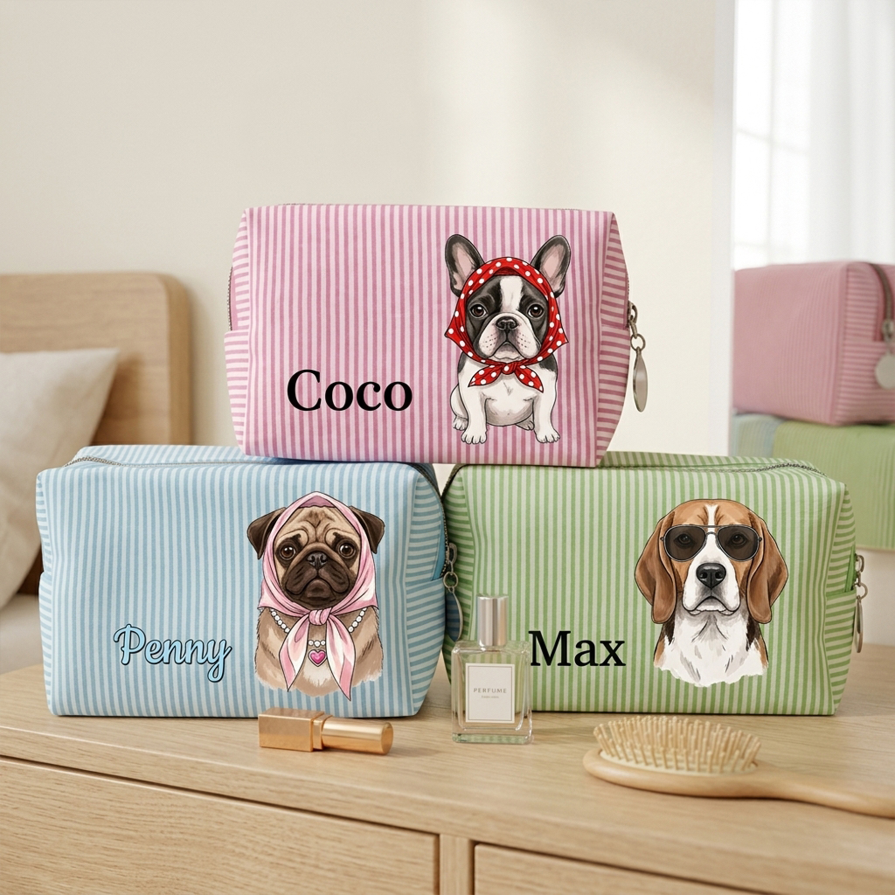 Personalized Striped Makeup Bag with Pet/Women