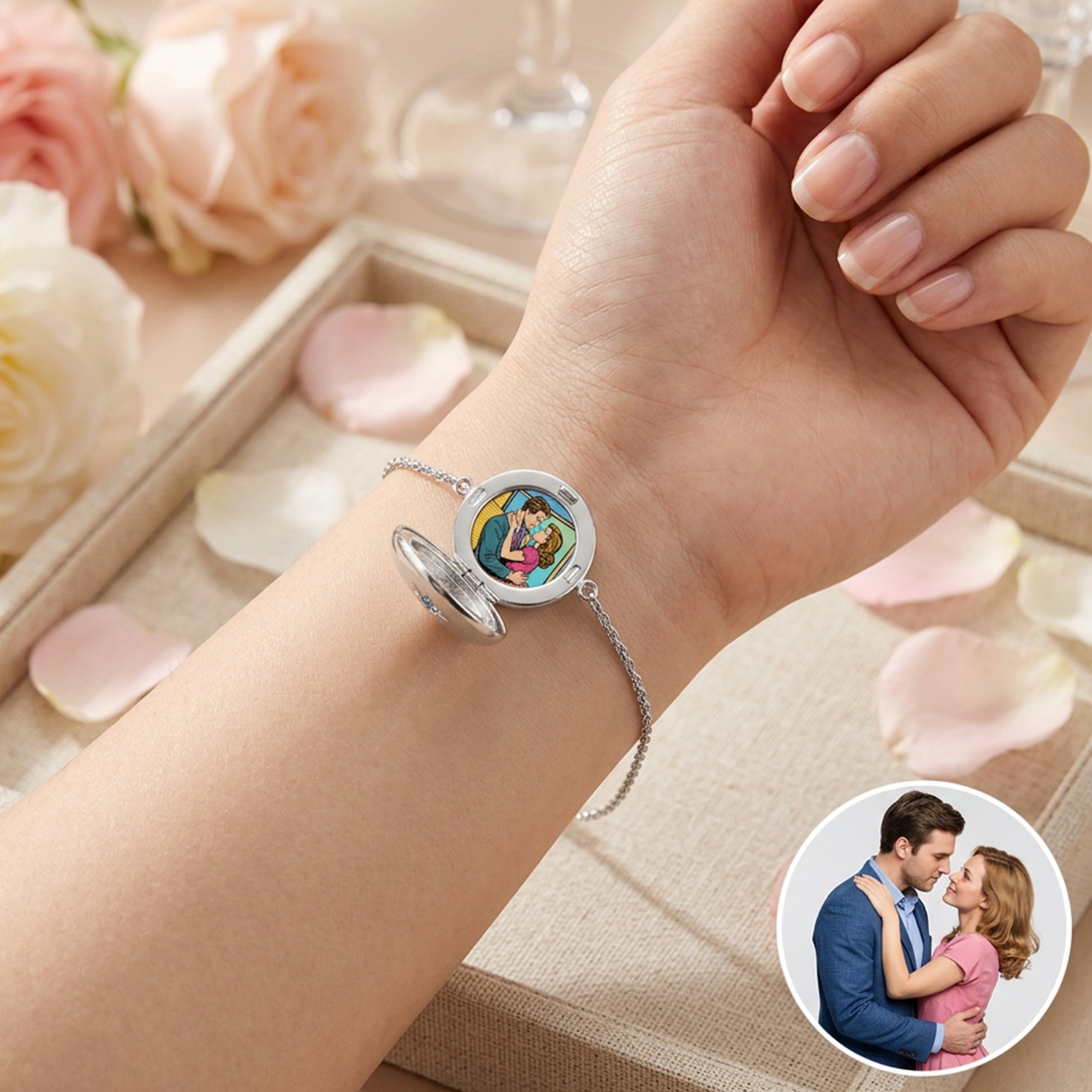 Personalized Photo Heart Round Bracelet with Birthstone