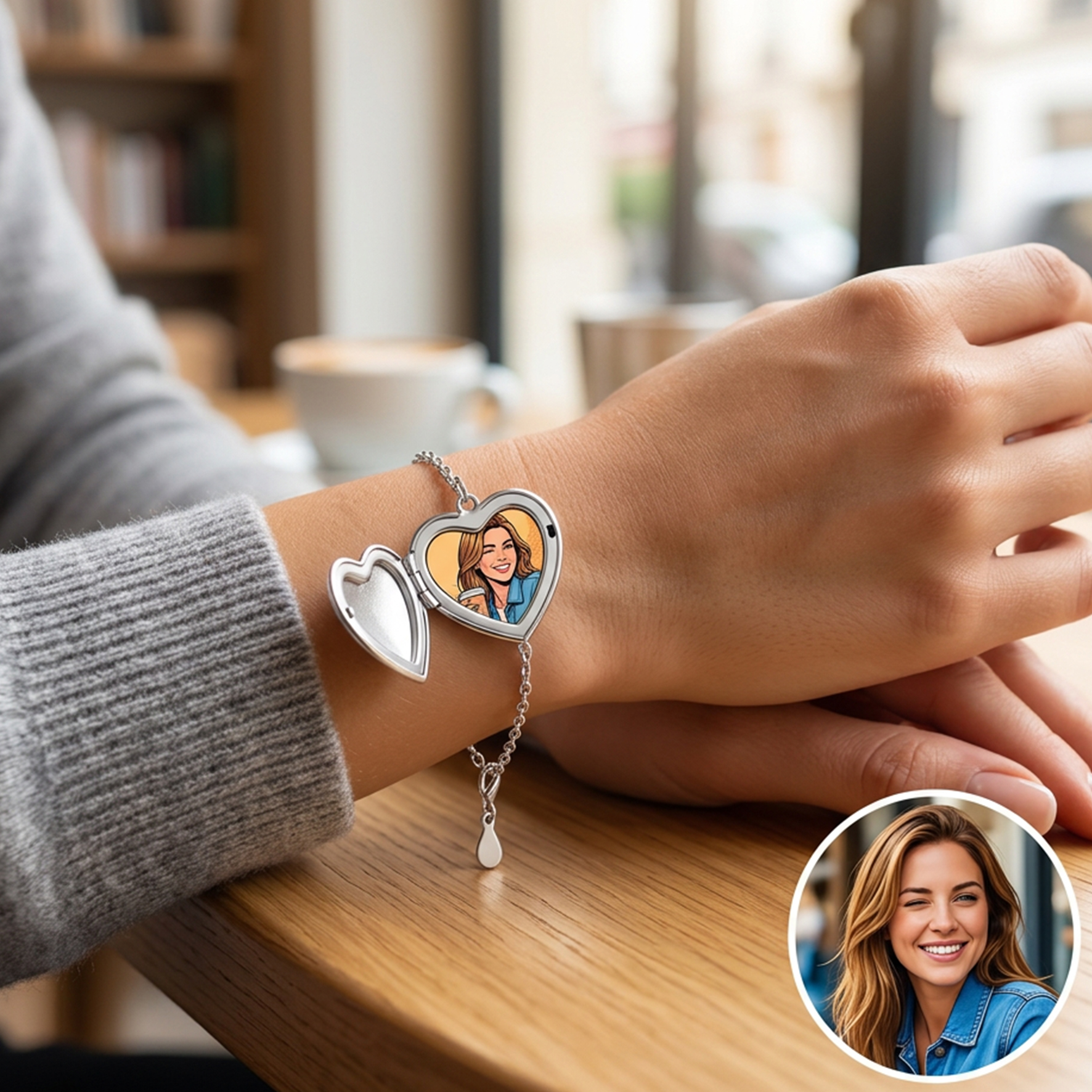 Personalized Photo Heart Round Bracelet with Birthstone