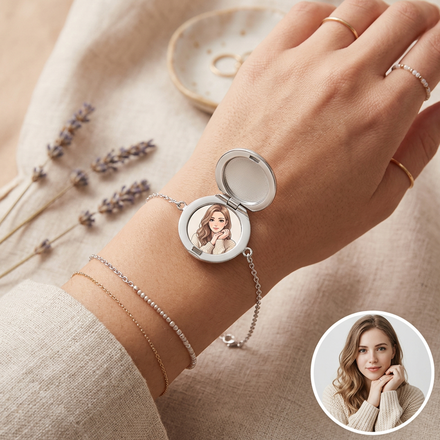 Personalized Photo Heart Round Bracelet with Birthstone