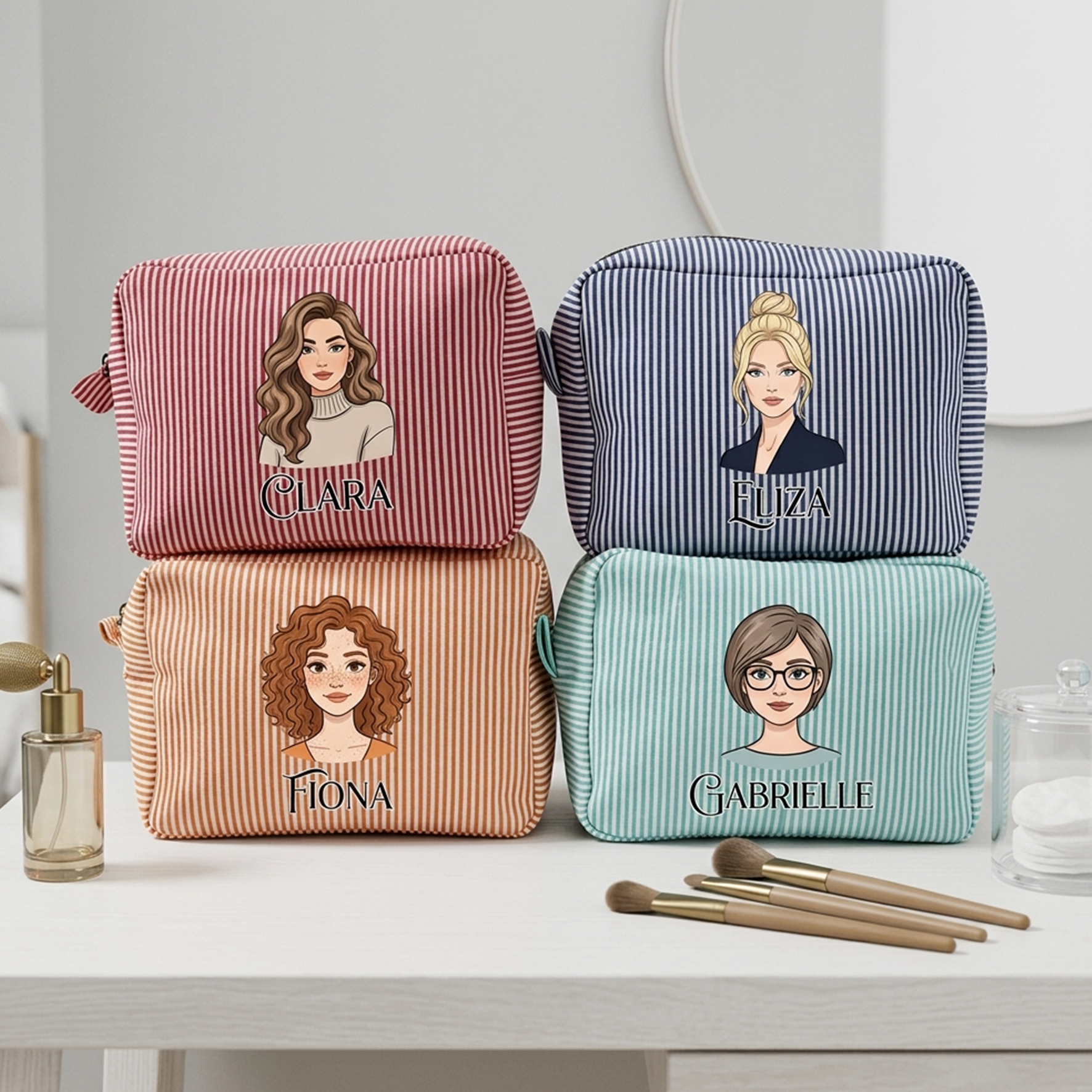 Personalized Striped Makeup Bag with Pet/Women