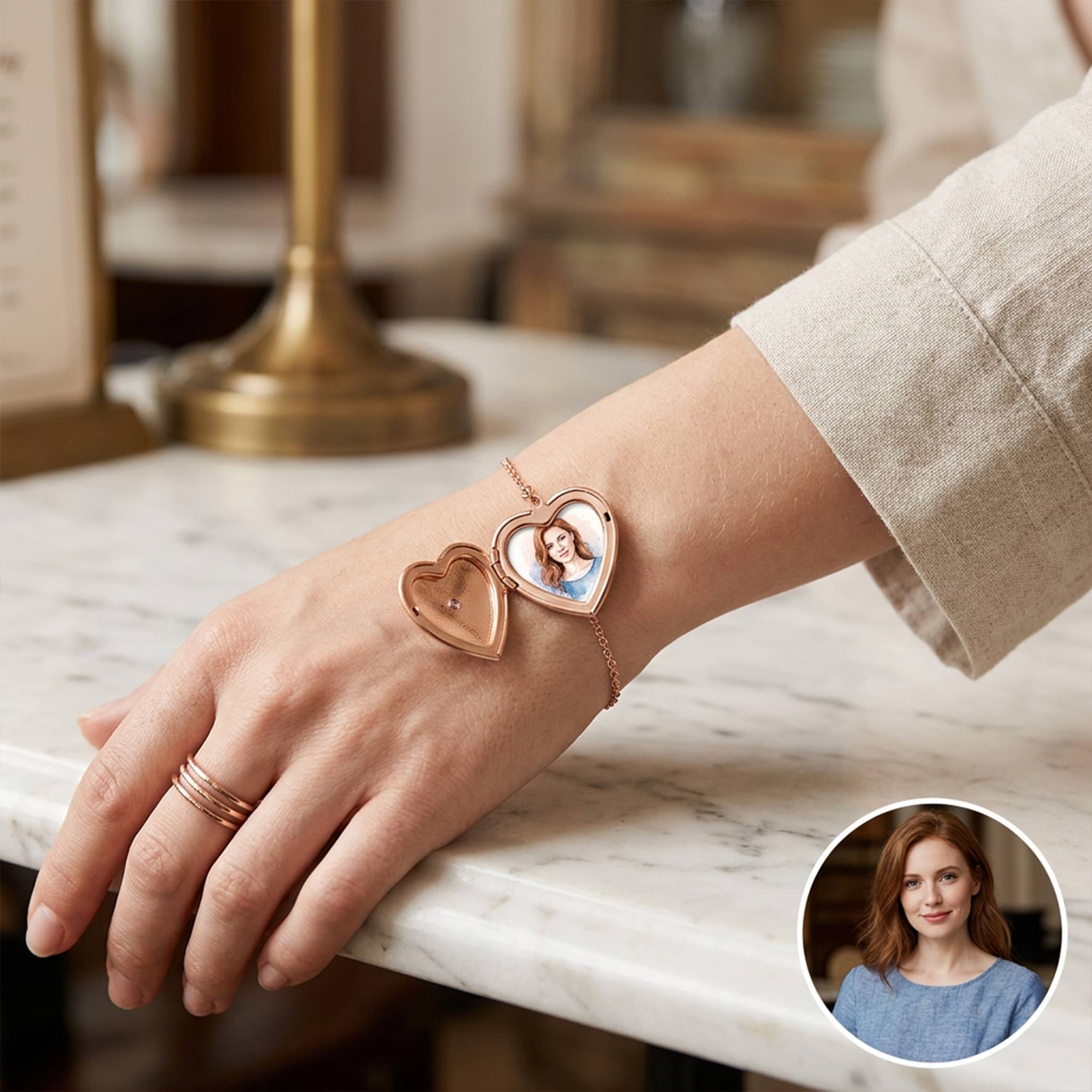 Personalized Photo Heart Round Bracelet with Birthstone