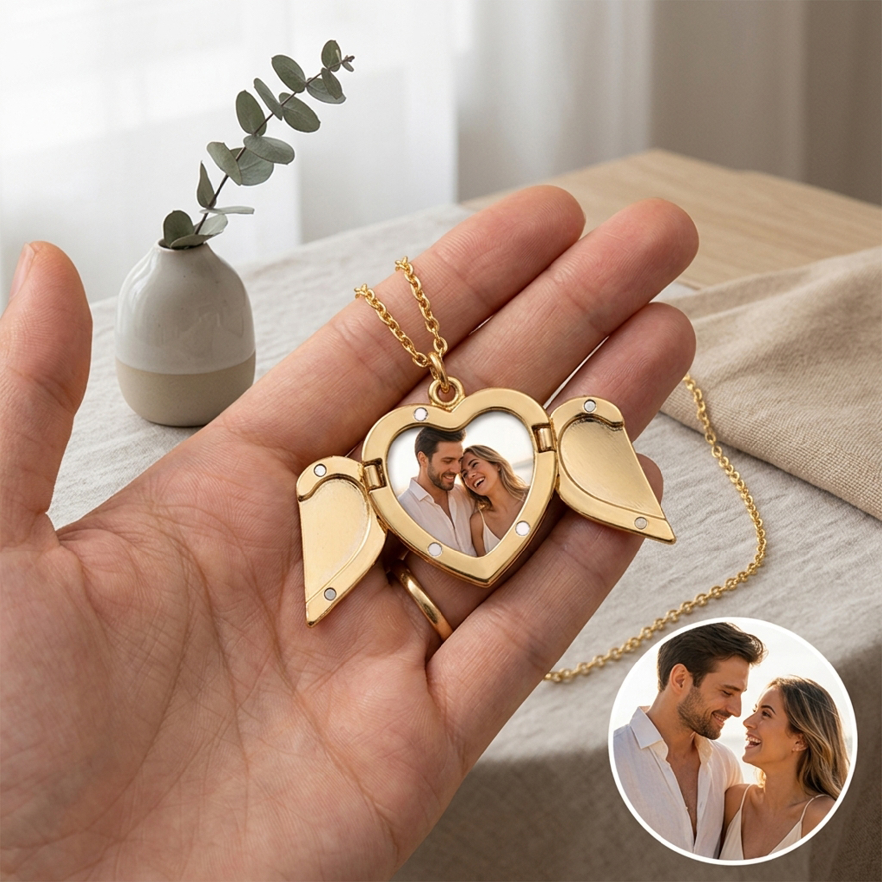 Personalized Photo with Wings Metal Necklace