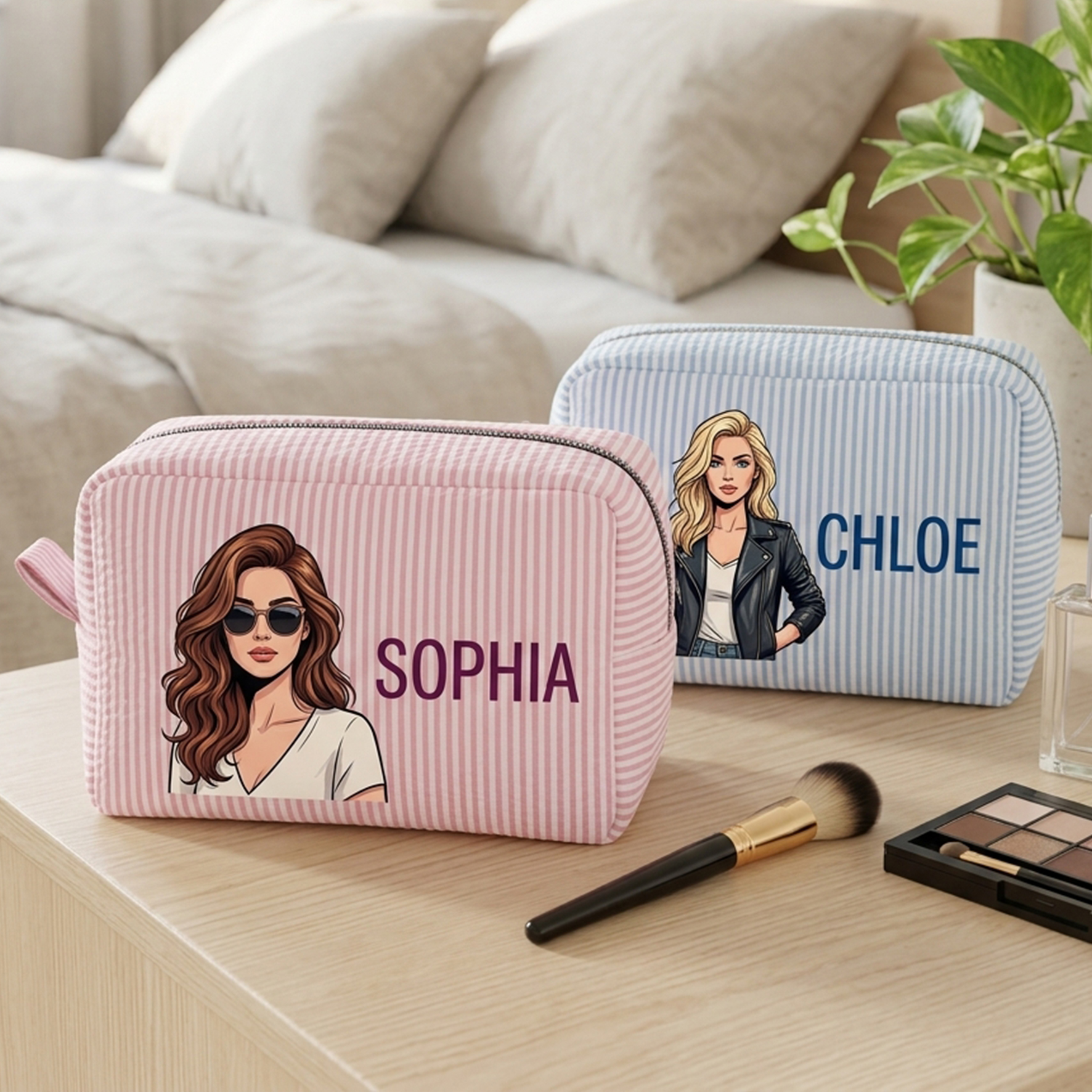 Personalized Striped Makeup Bag with Pet/Women
