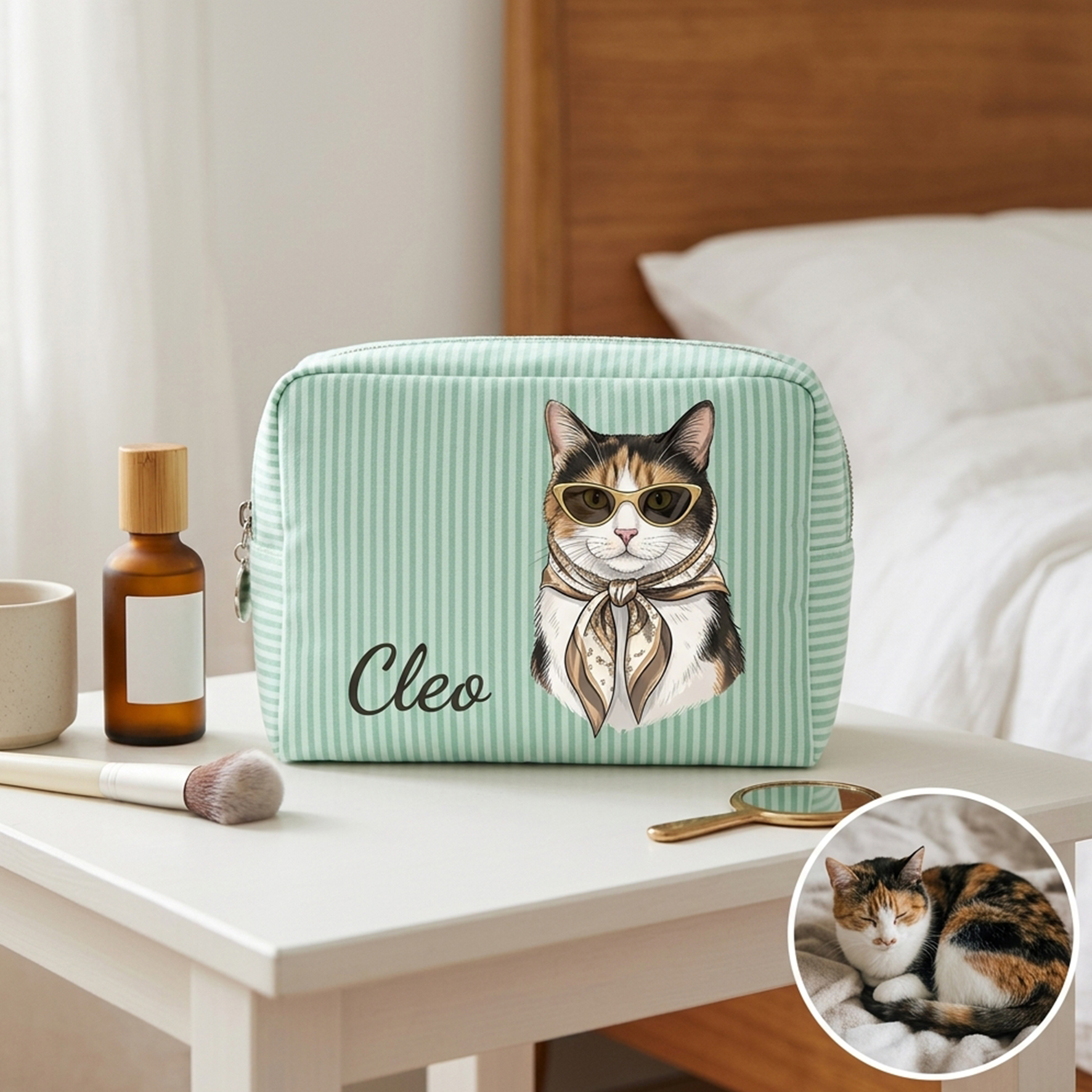 Personalized Striped Makeup Bag with Pet/Women
