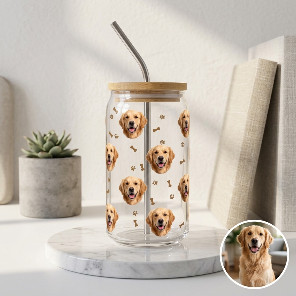 Custom Photo Glass Straw Cup of People Pets