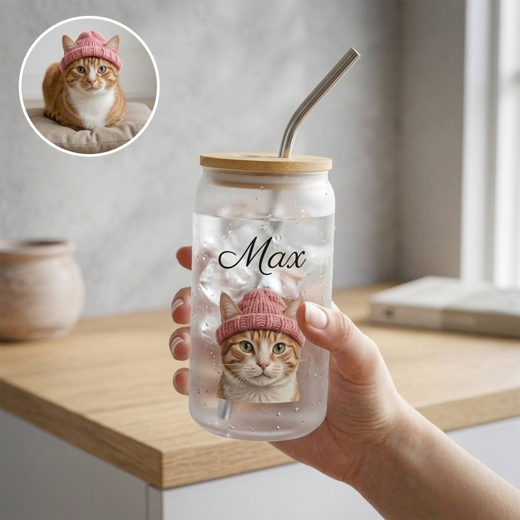 Custom Photo Glass Straw Cup of People Pets