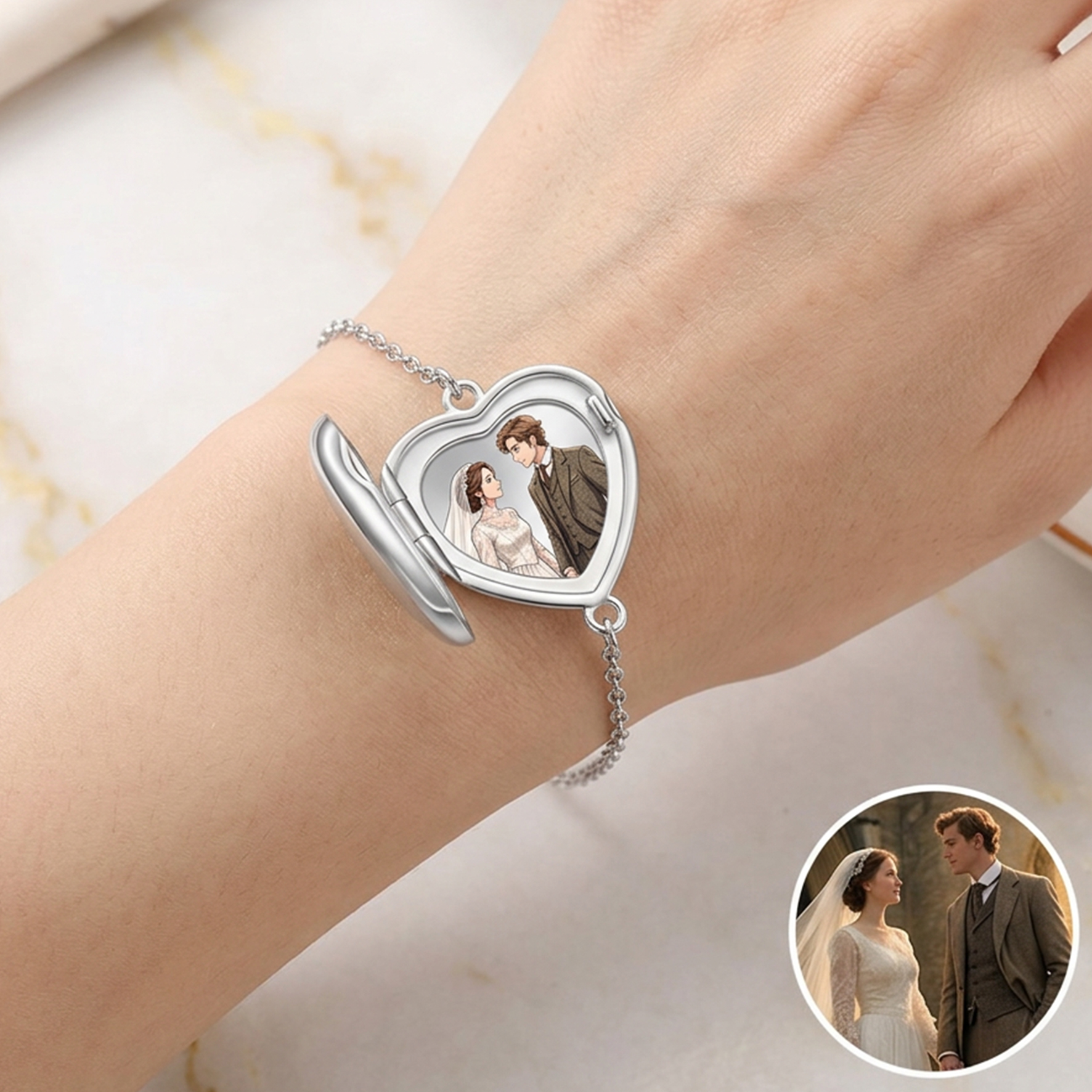 Personalized Photo Heart Round Bracelet with Birthstone