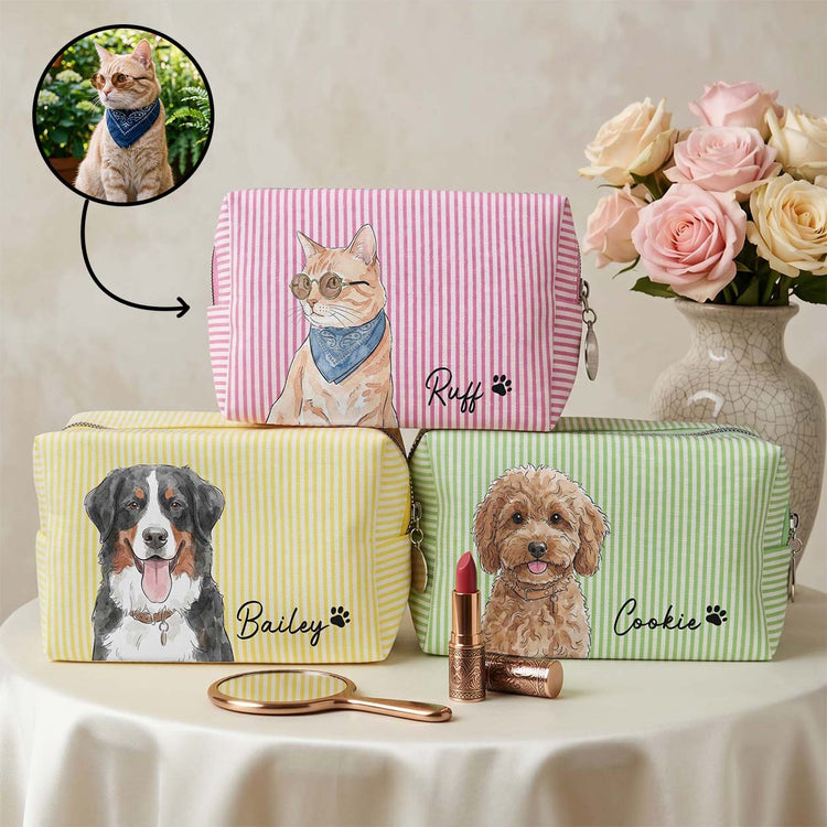 Personalized Striped Makeup Bag with Pet/Women