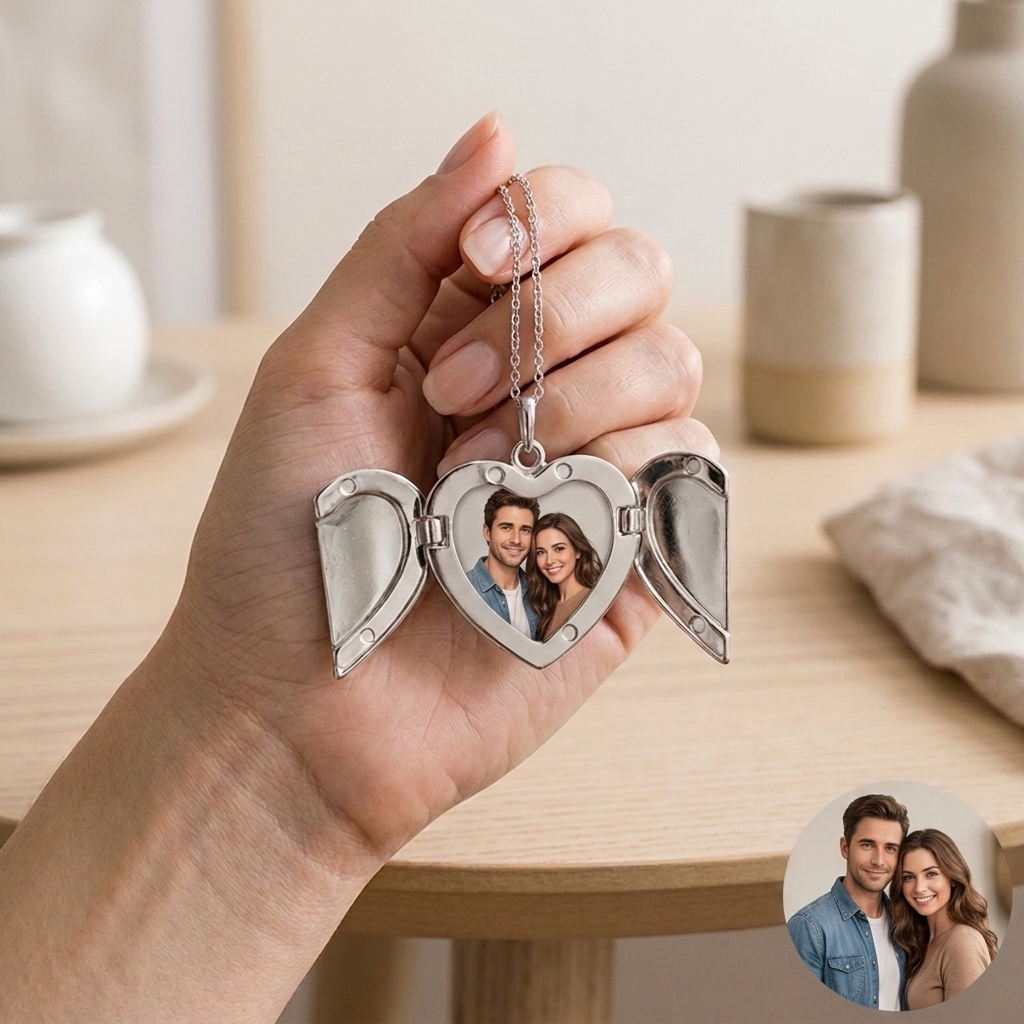 Personalized Photo with Wings Metal Necklace