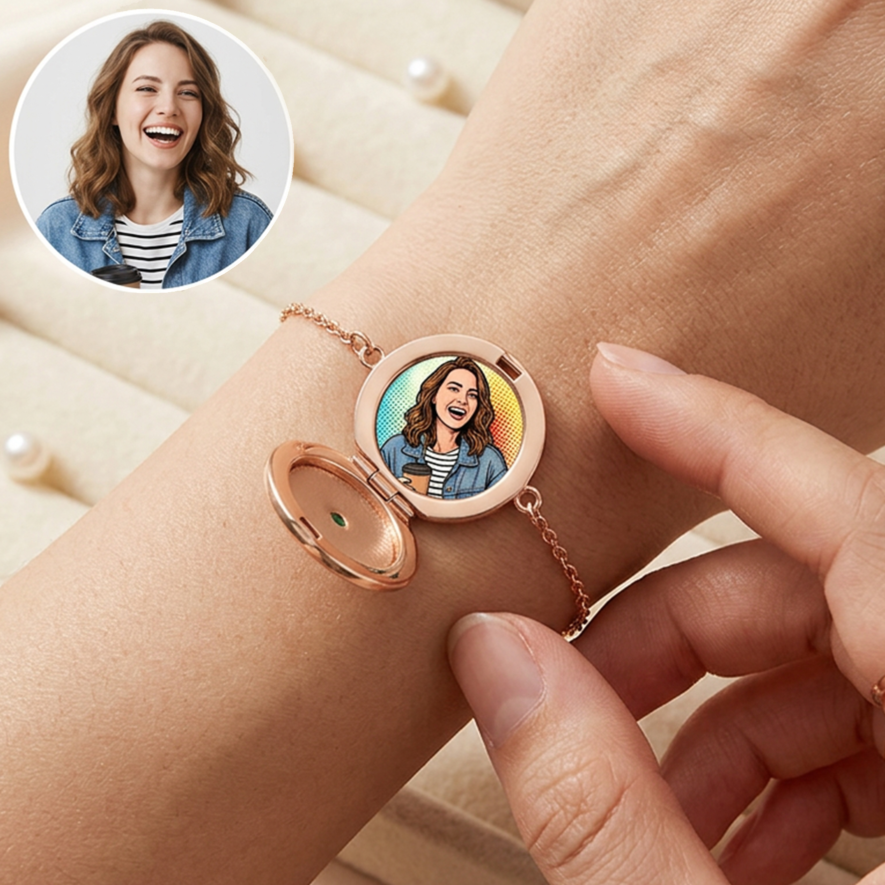 Personalized Photo Heart Round Bracelet with Birthstone