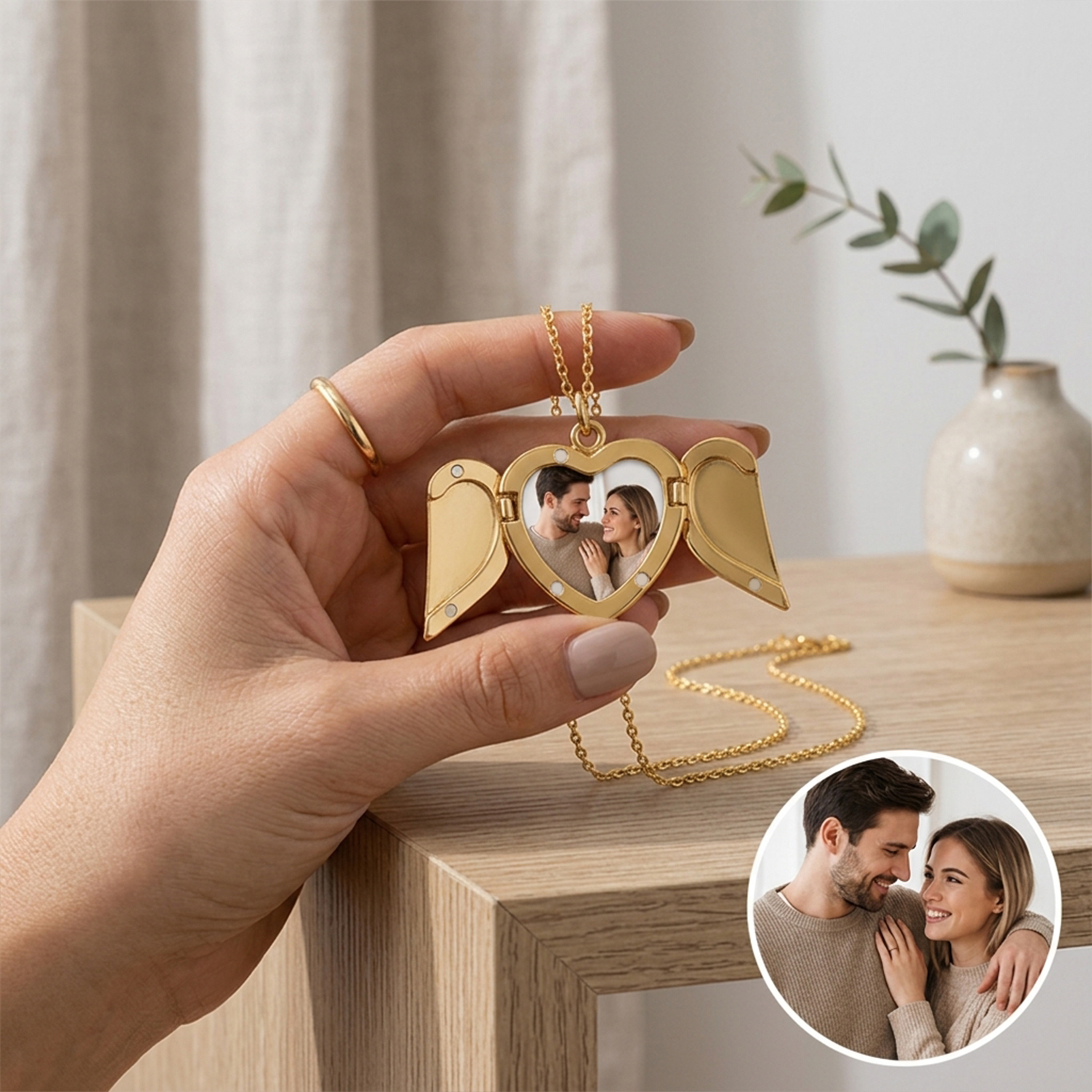 Personalized Photo with Wings Metal Necklace