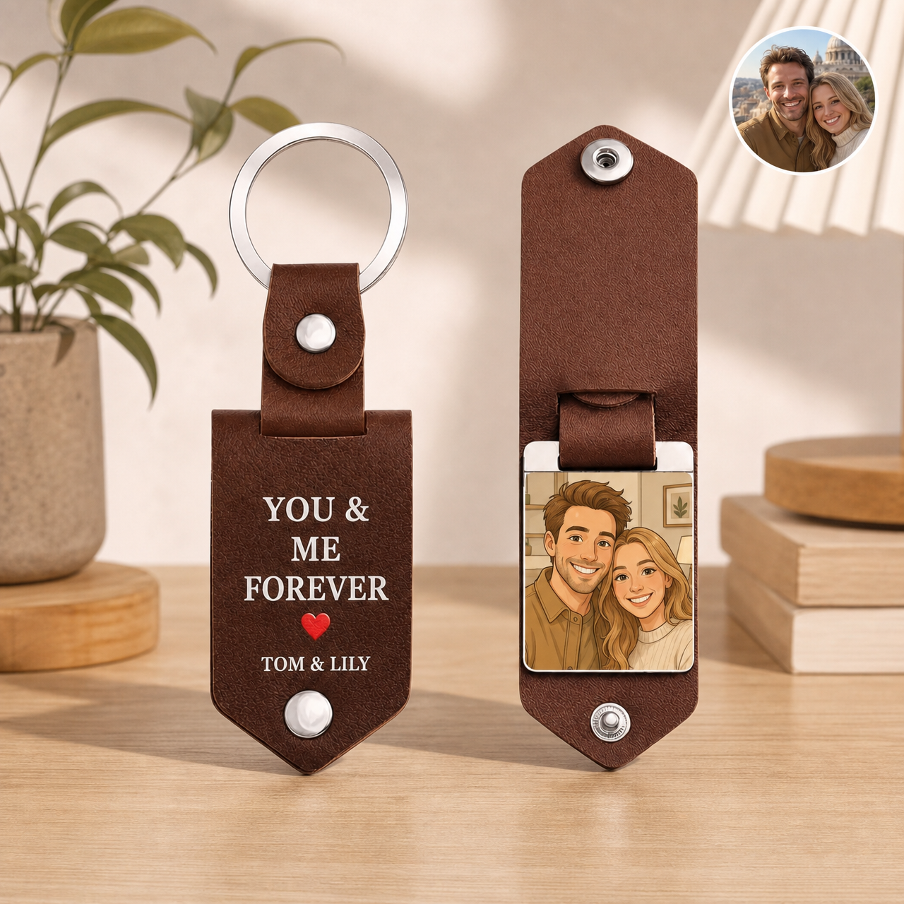Personalized custom photo leather keychain for couples and families