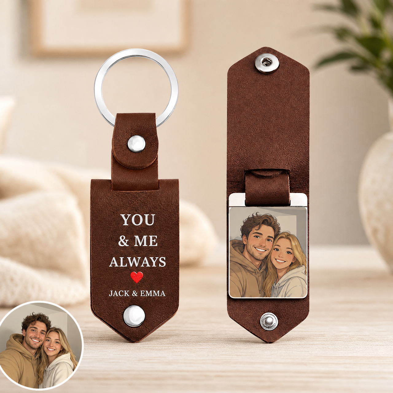 Personalized custom photo leather keychain for couples and families