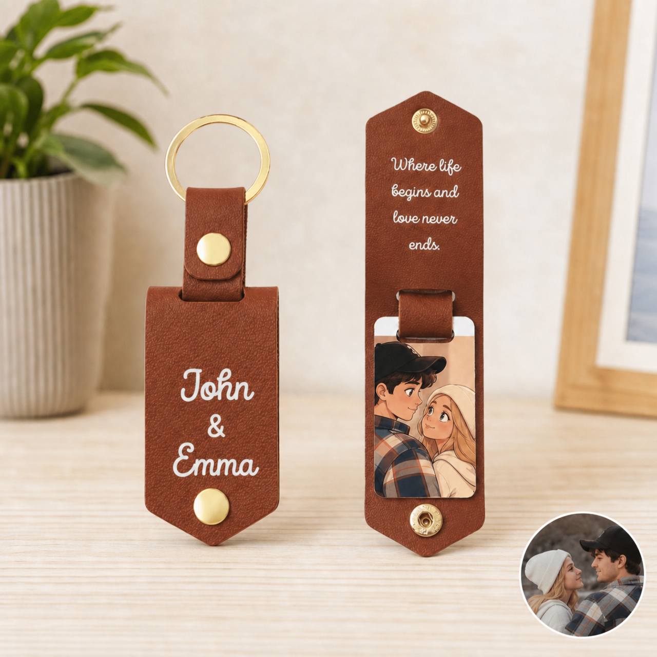 Personalized custom photo leather keychain for couples and families