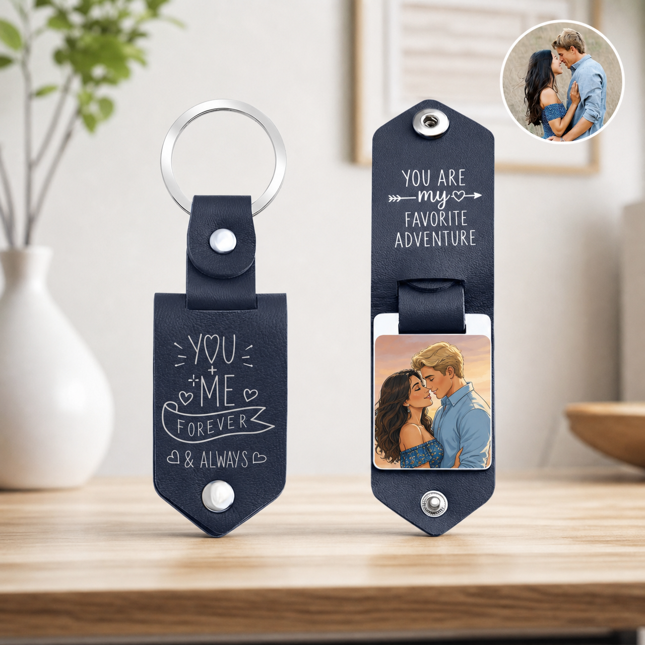 Personalized custom photo leather keychain for couples and families