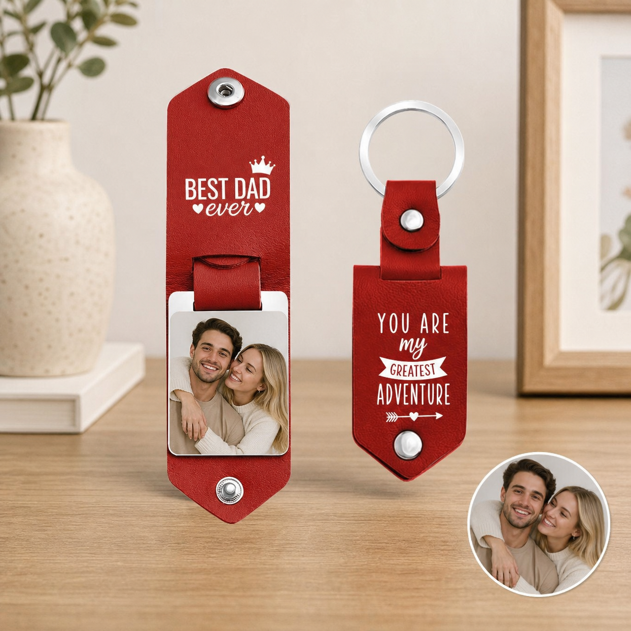 Personalized custom photo leather keychain for couples and families