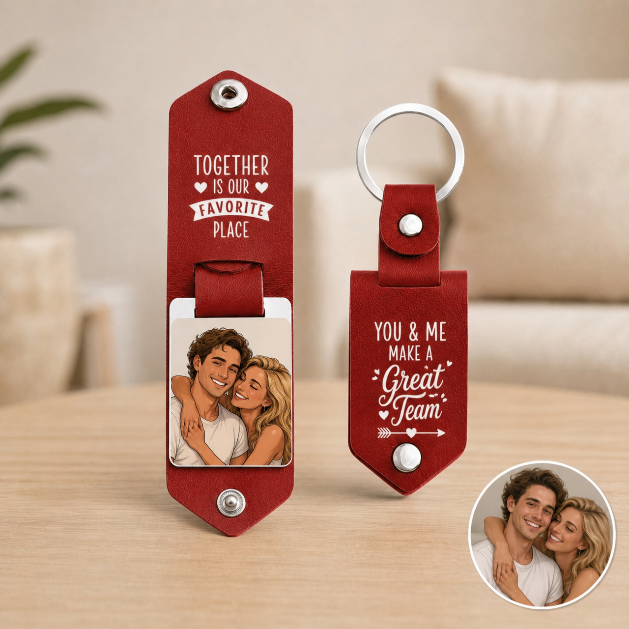 Personalized custom photo leather keychain for couples and families