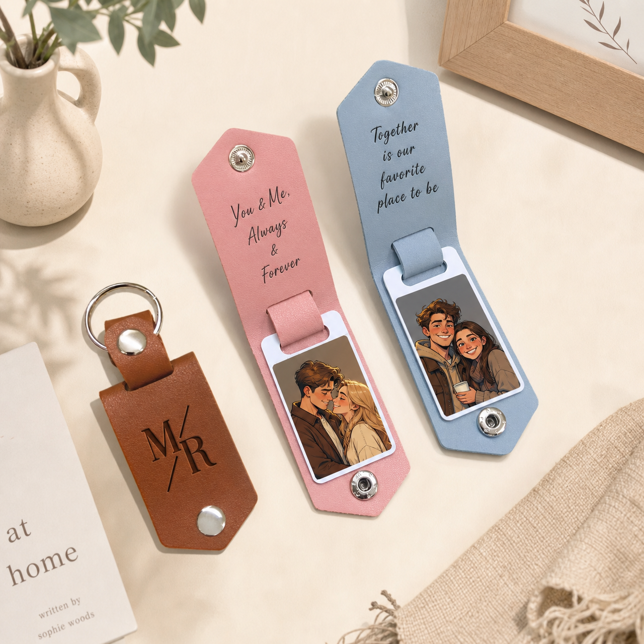 Personalized custom photo leather keychain for couples and families