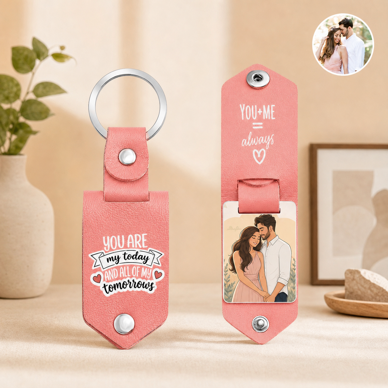 Personalized custom photo leather keychain for couples and families