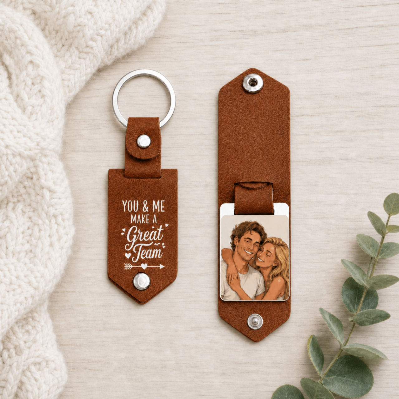 Personalized custom photo leather keychain for couples and families