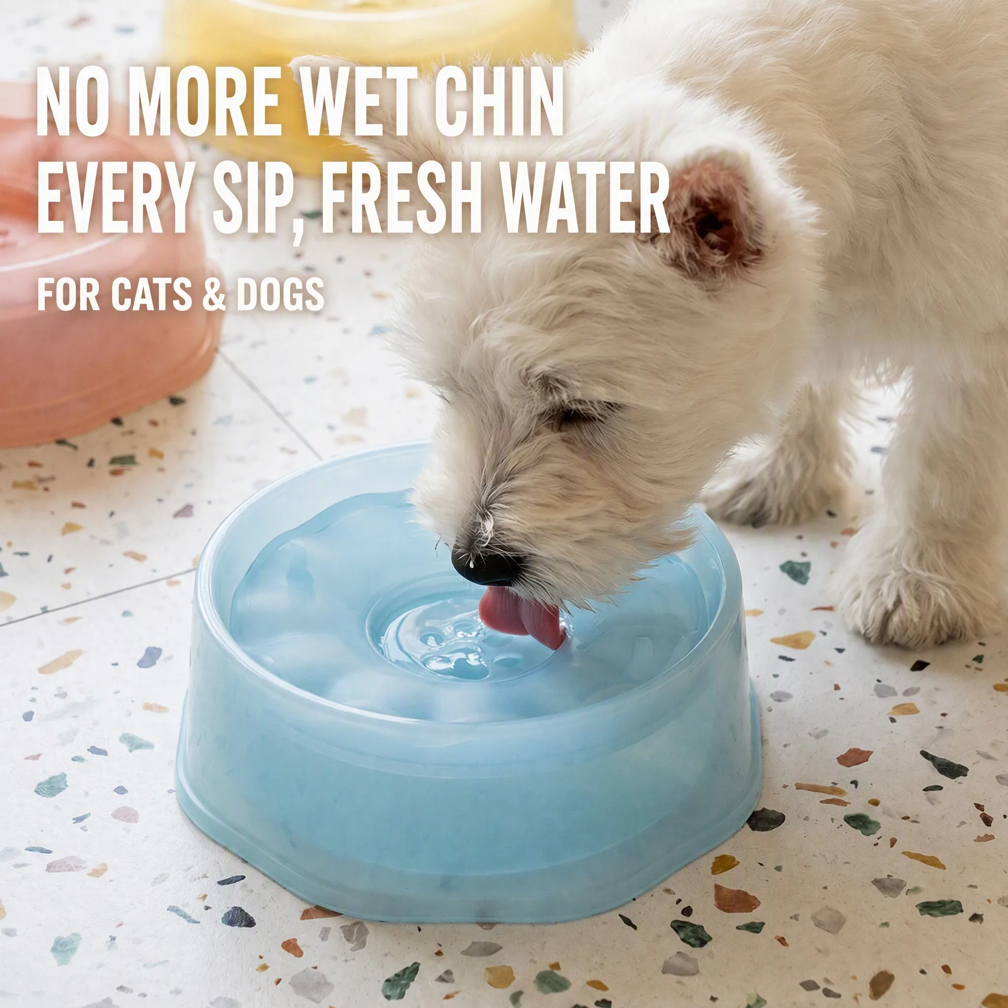 Floating pet water bowl – white dog drinking from blue bowl, anti-wet chin design