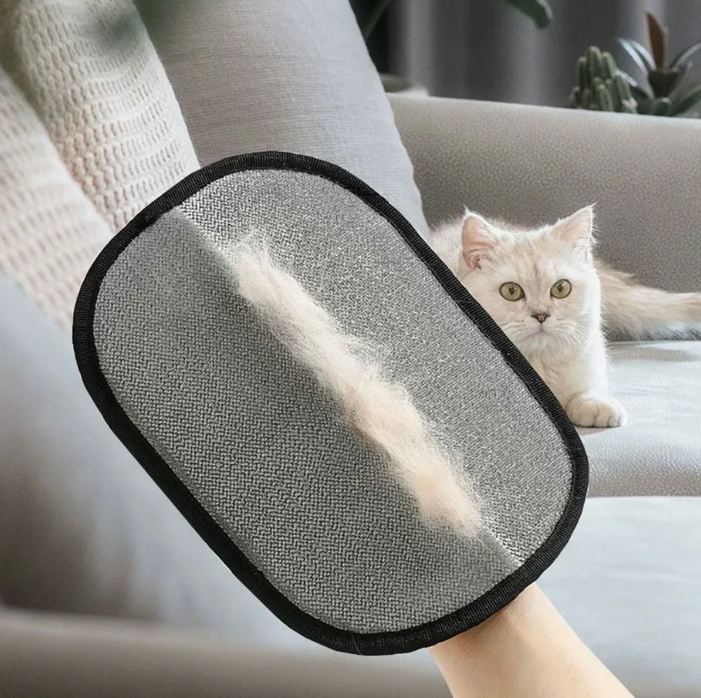 Pet grooming glove in use – removing cat fur from sofa with white cat in background