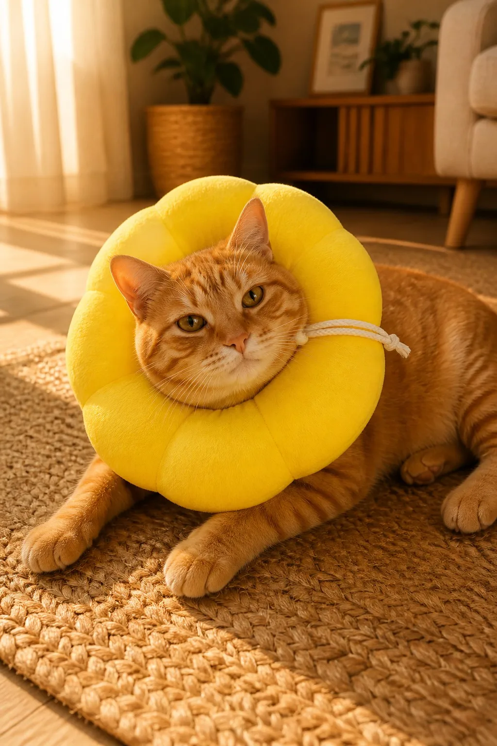 Siamese cat wearing yellow sunflower recovery collar sitting on sofa