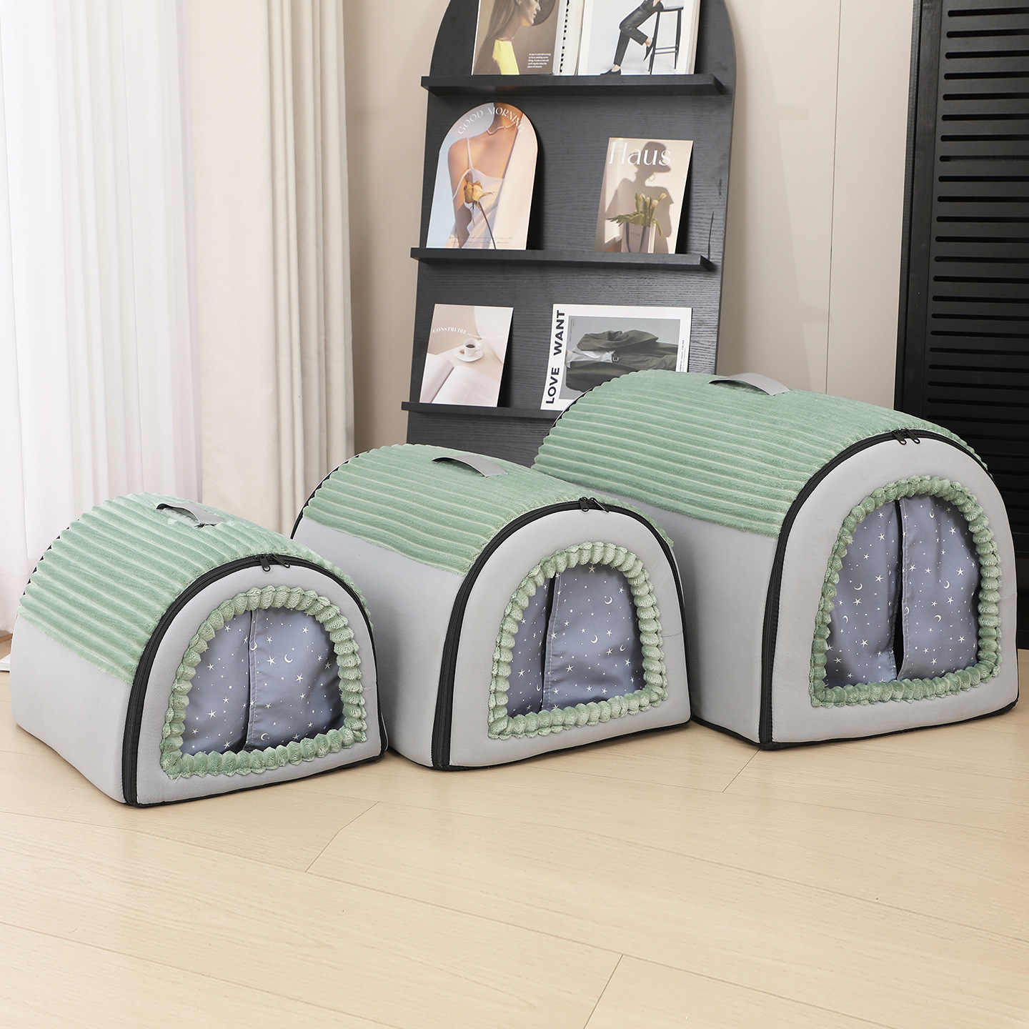 Washable fabric pet house interior view