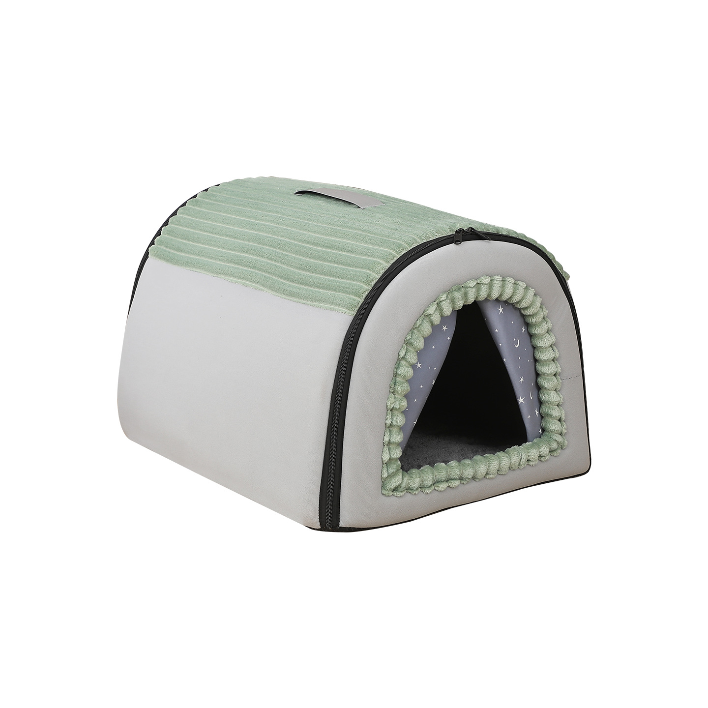 Cat sitting inside enclosed fabric pet house