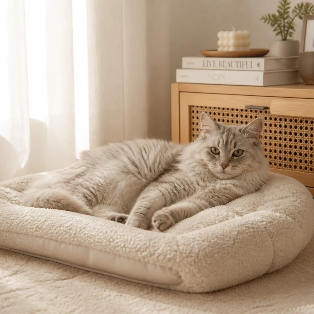 Cat on cream pet mat at home