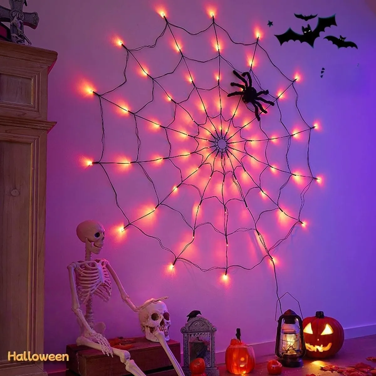 70-LED Halloween Spider Web Lights with Spider