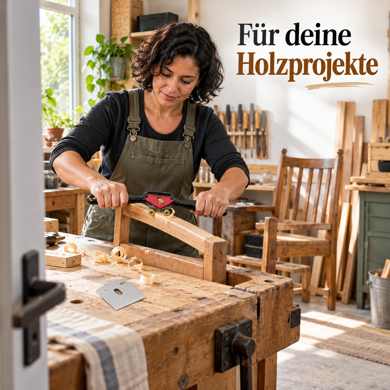 Erwachsene Heimwerkerin mit Handhobel an ihrer Werkbank
