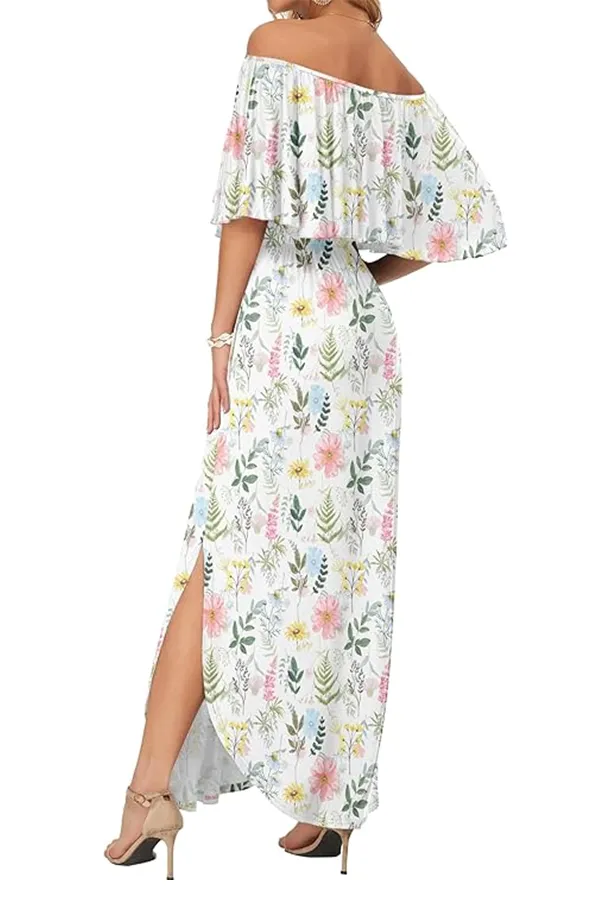 Women’s Off-Shoulder Boho Maxi Dress with Ruffle Sleeves & Side Slit