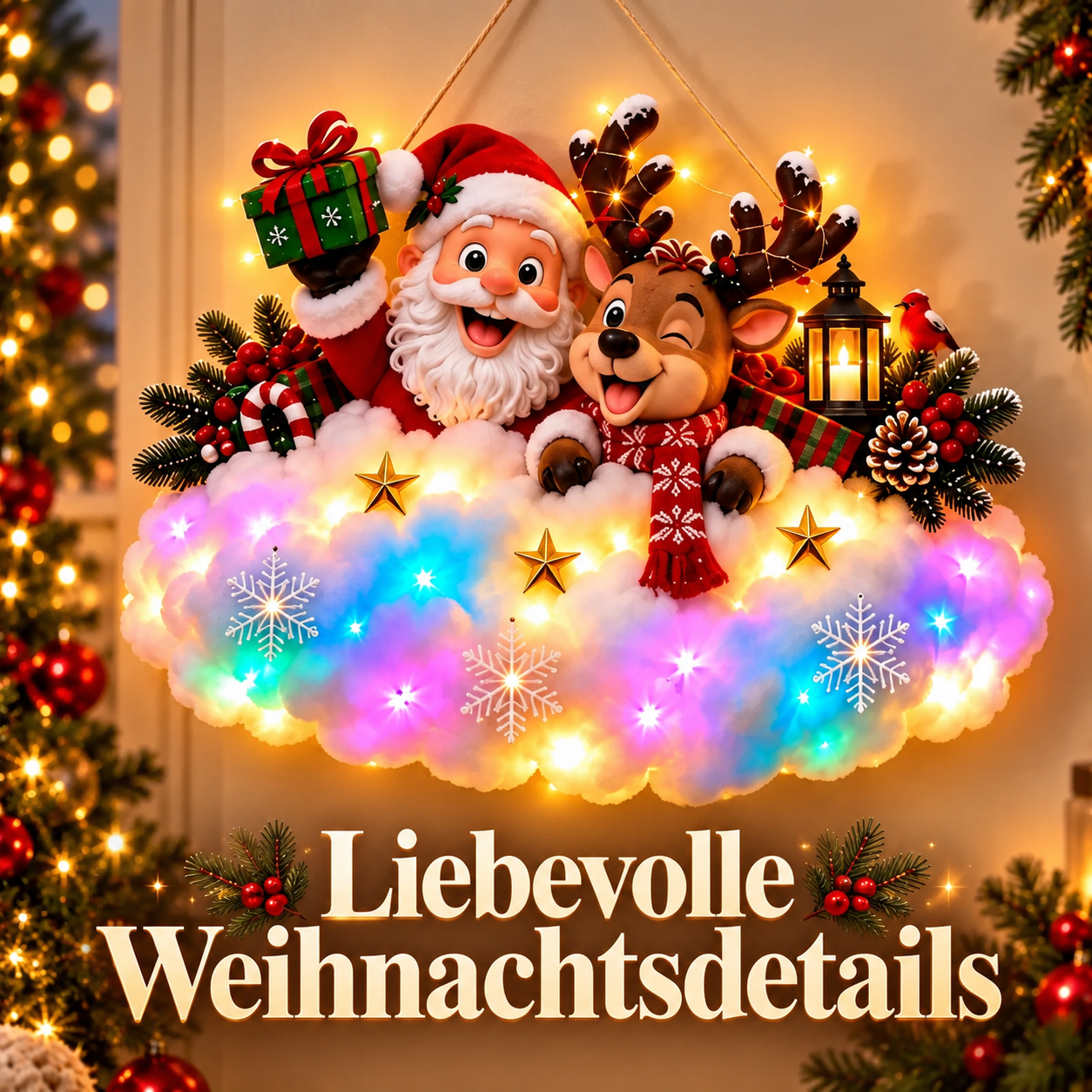 Weihnachtsmann und Rentier &uuml;ber der flauschig wirkenden, leuchtenden Wolke