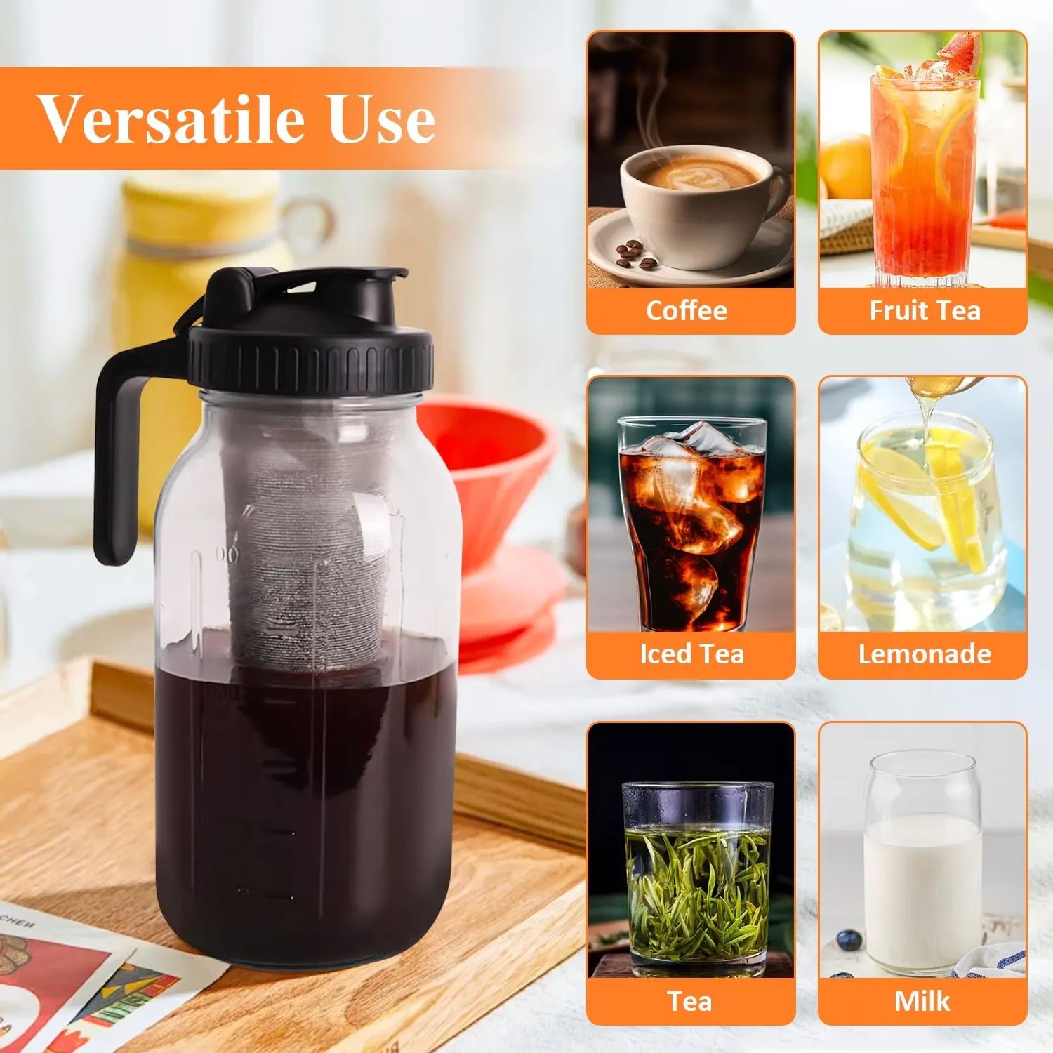 64 oz Cold Brew Mason Jar Pitcher with Stainless Steel Infuser