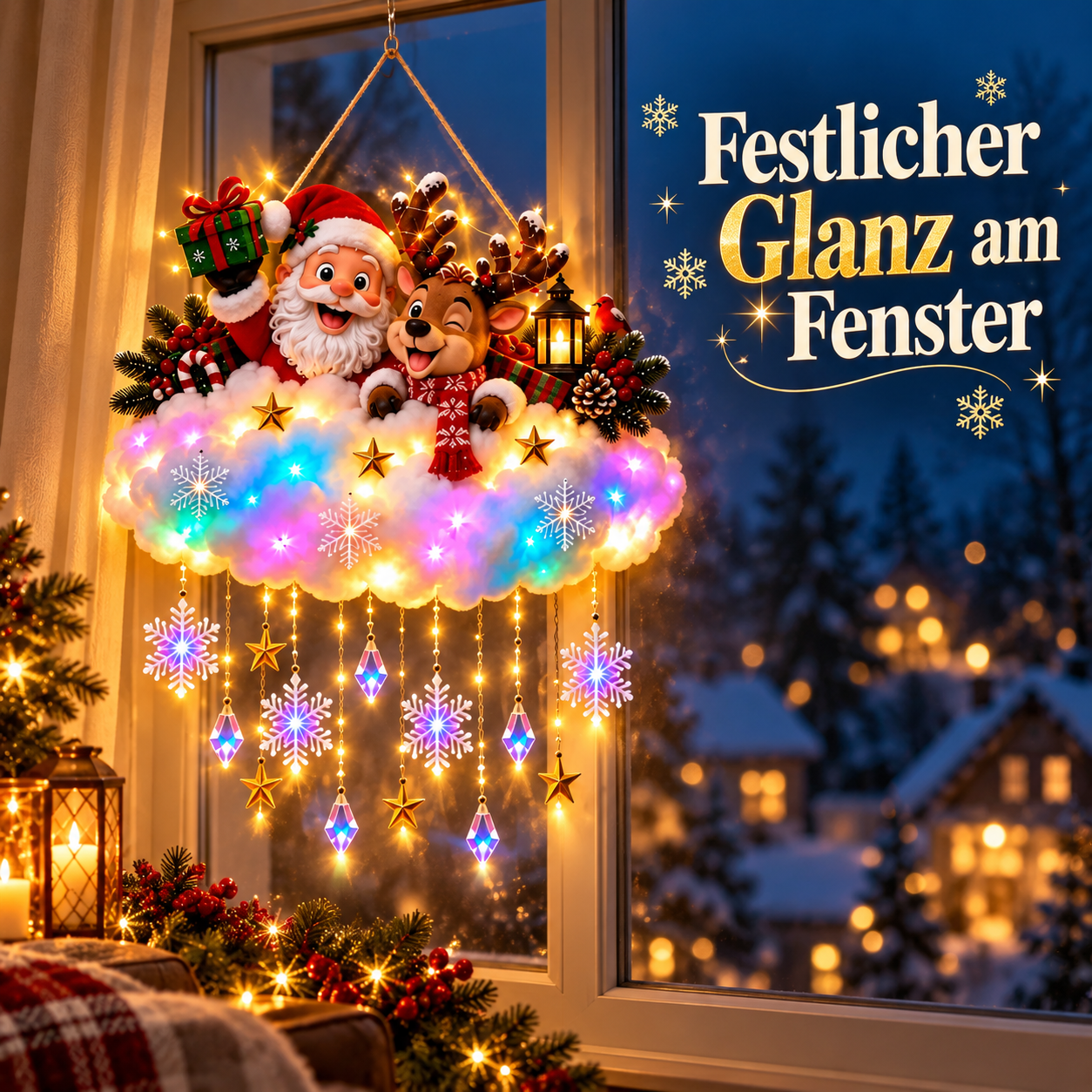 Leuchtende Weihnachts-Wolkendeko vor einem Fenster auf der Innenseite