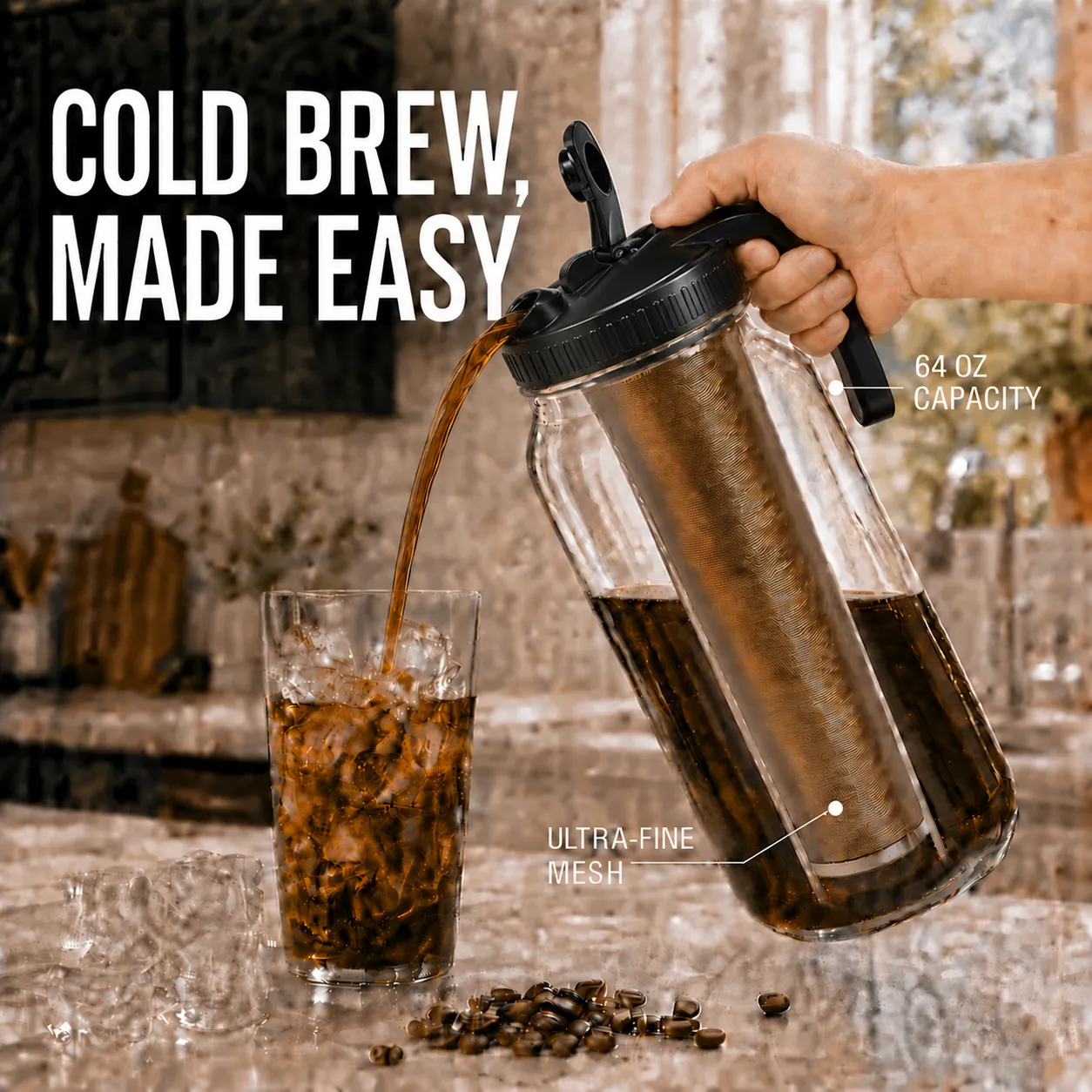 64 oz Cold Brew Mason Jar Pitcher with Stainless Steel Infuser