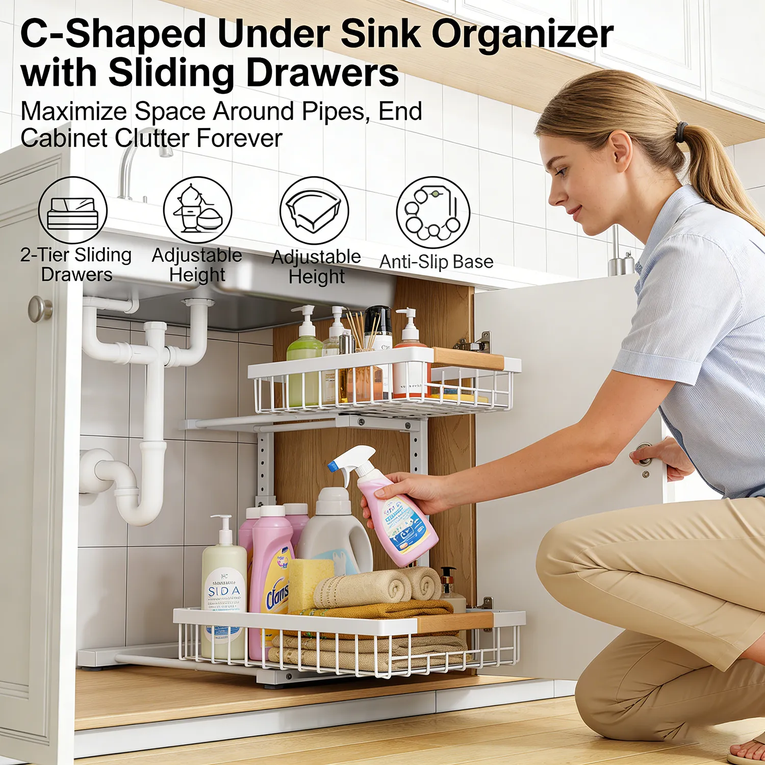 C-Shaped Under Sink Organizer with 2-Tier Sliding Drawers​🚰