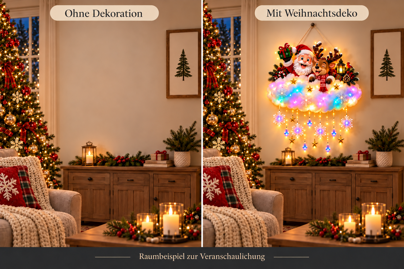 Dasselbe Raumbeispiel ohne Dekoration und mit der leuchtenden Weihnachts-Wolkendeko