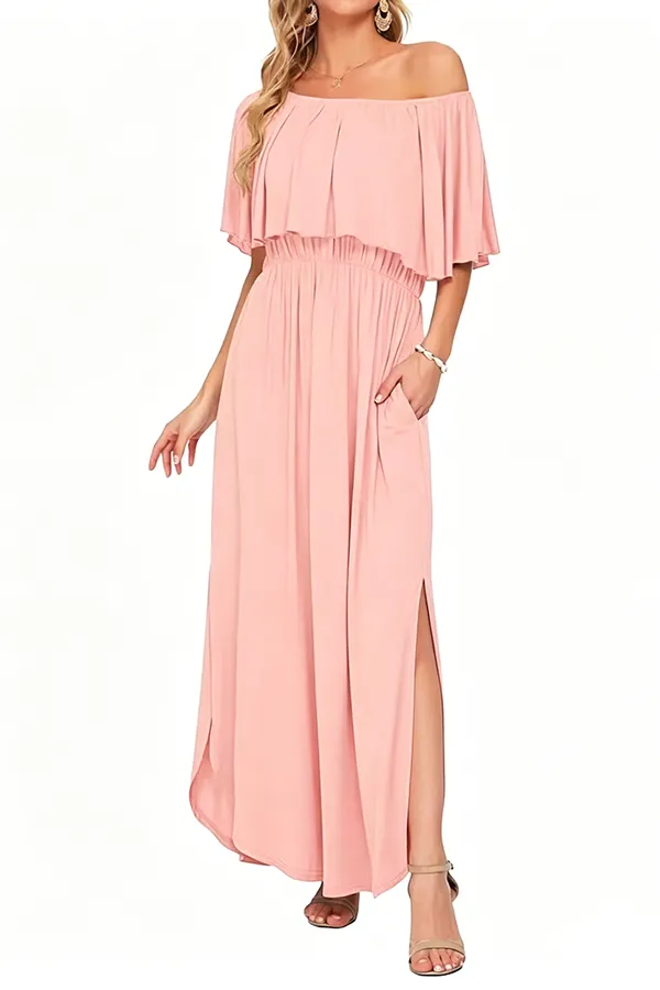 Women’s Off-Shoulder Boho Maxi Dress with Ruffle Sleeves & Side Slit