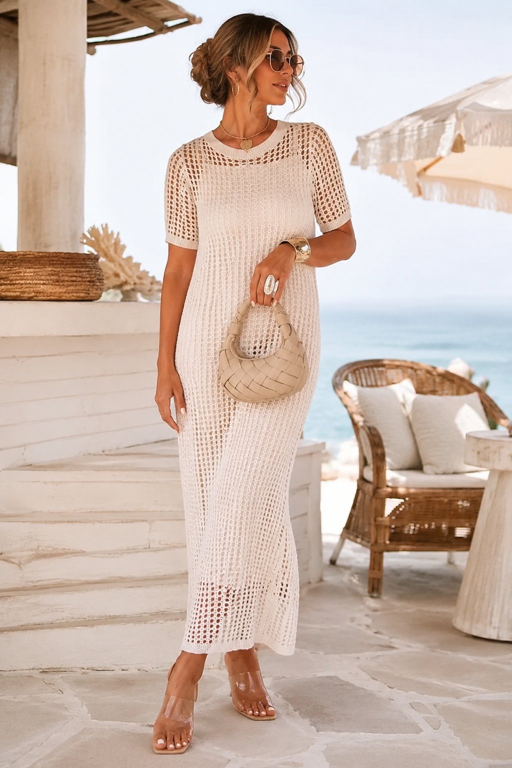 Open-Knit Breathable Long Cover-Up Dress — 2-Piece Set