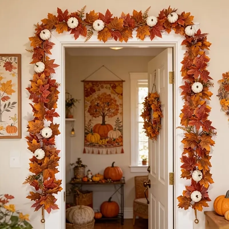 6.6 FT Artificial Fall Maple Leaf Garland with White Pumpkins