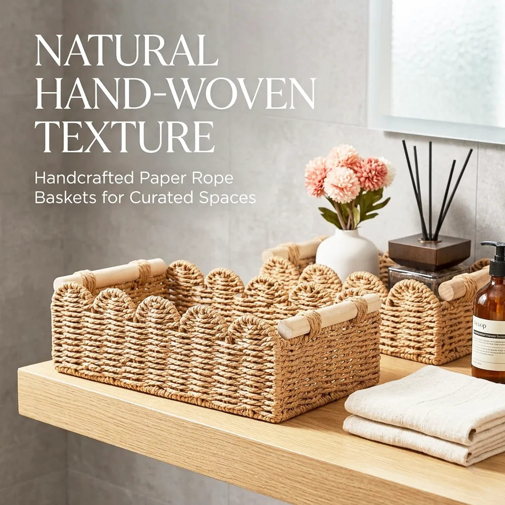 🌿Scalloped Wicker Storage Basket Set – Decorative Toilet Paper & Shelf Organizer